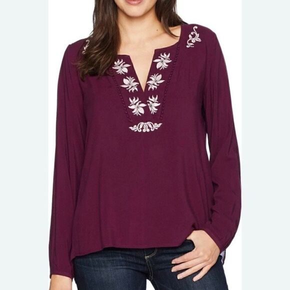 Ariat Poet Top Burgundy Embroidered Split Neck With Cut Chiffon Handkerchief Hem - Picture 1 of 8